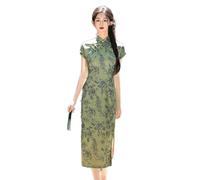 Vestito da Cinese Donna -Abito Estivo Qipao Sottile Lungo retrò Giovane Cinese Quotidiano Tradizionale Migliorato Elegante Banchetto Abito da Sposa Cheongsam, Verde, M