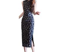 Vestito da Cinese Donna -Abito Lungo Sottile alla Moda retrò Senza Maniche Qipao Estivo da Giovane Cheongsam Migliorato, Abiti Tradizionali da Sposa, Taglie Forti, Blu, XXL