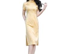 Vestito da Cinese Donna -Abito Lungo Sottile alla Moda retrò Senza Maniche Qipao Estivo da Giovane Cheongsam Migliorato, Abiti Tradizionali da Sposa, Taglie Forti, Giallo, L