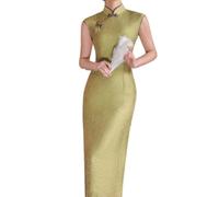 Vestito da Cinese Donna -Primavera Estate Migliorato Cheongsam Giovane Bottone Cinese Orientale Abiti Qipao Sottile Abito Tradizionale Banchetto Abbigliamento da Sposa, Giallo, XXL