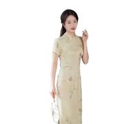 Vestito da Cinese Donna -Primavera Estate Migliorato Lungo Cheongsam Cinese Manica Corta Sottile Giovane Qipao Retro Eleganti Abiti Moda Banchetto Abbigliamento da Sposa, Giallo, 4XL