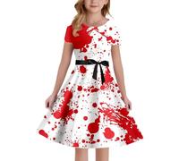Vestito da comunione di carnevale, per Halloween, abito medievale con stampa macchiata di sangue, linea ad A, senza spalline, per bambini, elegante abito da sera gotico (bianco, 9-10 anni)