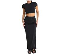 Vestito da concerto, 2 pezzi, da donna, sexy, orlo asimmetrico, una spalla, senza pancia e minigonna attillata, con coulisse, estivo, per feste, Z1 nero., L