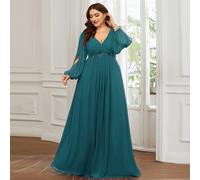 Vestito da damigella d'onore lungo dalle maniche lunghe, elegante e ricamato, per donne taglia comoda 0XL,1XL,2XL,3XL,4XL,5XLBlocchi di colore,Colore unicoChiffon