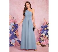 Vestito da damigella d'onore maxi in chiffon con un solo spallino, senza maniche, asimmetrico, drappeggiato e attorcigliato, di colore blu polveroso, adatto per matrimoni primaverili L,M,S,XLColore un