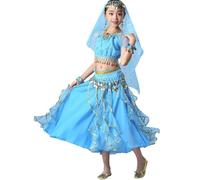 Vestito da Danza del Ventre per Bambina con Paillettes Set 5 Pezzi Costume Principessa Araba Bambina con Frange Costumi di Carnevale, Bollywood e Halloween per Ragazze (A04-Sky Blue, 13-15 Years)
