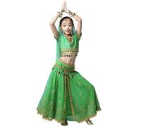 Vestito da Danza del Ventre per Bambina con Paillettes Set 5 Pezzi Costume Principessa Araba Bambina con Frange Costumi di Carnevale, Bollywood e Halloween per Ragazze (C04-Green, 13-15 Years)