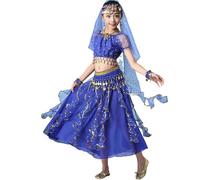 Vestito da Danza del Ventre per Bambina con Paillettes Set 5 Pezzi Costume Principessa Araba Bambina con Frange Costumi di Carnevale, Bollywood e Halloween per Ragazze (A06-Dark Blue, 13-15 Years)