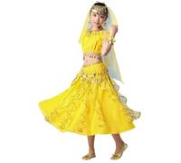 Vestito da Danza del Ventre per Bambina con Paillettes Set 5 Pezzi Costume Principessa Araba Bambina con Frange Costumi di Carnevale, Bollywood e Halloween per Ragazze (A03-Yellow, 8-10 Years)