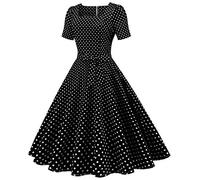 Vestito da donna a pois, stile vintage anni '50, stile rockabilly, casual, a maniche corte, svasato, con scollo quadrato, mini gonna arricciata, gonna larga con fiocco, Nero , M