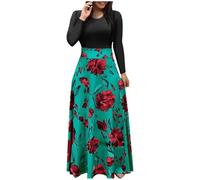 Vestito da donna anni '80, a maniche lunghe, alla moda, floreale, lungo, stile boho, maxi abito casual da ballo, Verde, S