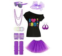 Vestito da donna anni '80, costume da donna anni '80, guanti leggings tutu, gonna, set di accessori per costume, top a spalle scoperte, abbigliamento cosplay anni '80 per donne