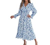 Vestito da donna chic ed elegante boheme fluido mi lungo da spiaggia estate tunica in lino di grandi dimensioni in trapezio cotone garza estate campetre camicia che nasconde il ventre sarto, Blu 1, L