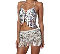 Vestito da donna con glitter - 2 pezzi, gonna sexy e top con allacciatura al collo, top e minigonna, danza del ventre, set con frangia, gonna con paillettes, reggiseno lucido, top sexy per carnevale e