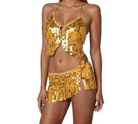 Vestito da donna con glitter - 2 pezzi, gonna sexy e top con allacciatura al collo, top e minigonna, danza del ventre, set con frangia, gonna con paillettes, reggiseno lucido, top sexy per carnevale e