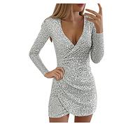 Vestito da donna con paillettes a maniche lunghe, mini abito aderente con paillettes tinta unita elegante abito da sera elastico scollo a V sexy abito aderente plissettato abiti da festa night club