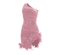 Vestito da donna con paillettes rosa una spalla, abito da sera donna chic e glamour con piume, mini abiti da sera sexy da cocktail party e feste, #01-rosso, S