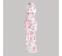 Vestito da donna con stampa floreale rosa scuro e bianco, vestiti eleganti da donna, abito invernale, abito per Capodanno, abito modesto, abito da festa, abito stile "Old Money", abito senza spalline,