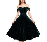 Vestito da donna da sera in velluto, scollo a barca, maniche lunghe, elegante, abito da donna, per cerimonia, gonna da donna, con pieghe e mezzogiorno, set da donna, stile gala, verde, XS