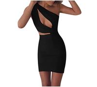 Vestito da donna elegante, da donna, estivo, con una spalla, gonna corta, confezione cava, vestito per l'estate (nero M)