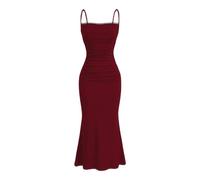 Vestito da donna elegante scollo a V abito da sera per matrimonio top girocollo moda manica lunga slim fit vintage abito da sposa autunno aderente festa-1, Rosso, XS
