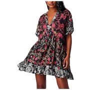 Vestito da donna estivo boemico, abito corto da donna, elegante, a maniche corte, con scollo a V profondo, grande dimensione, stampa a righe, orlo con balze, vestito da babydoll per spiaggia di