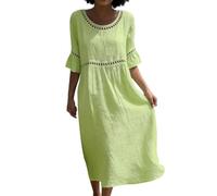 Vestito da donna, in cotone e lino, morbido, maniche a 3/4, da spiaggia, chic ed elegante, con scollo a V, abiti casual di grandi dimensioni, tinta unita, traspirante, boheme ampio, leggero, casual