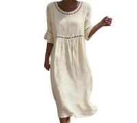 Vestito da donna, in cotone e lino, morbido, maniche a 3/4, da spiaggia, chic ed elegante, con scollo a V, abiti casual di grandi dimensioni, tinta unita, traspirante, boheme ampio, leggero, casual