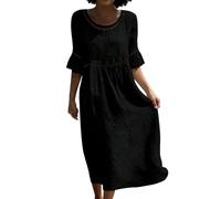 Vestito da donna, in cotone e lino, morbido, maniche a 3/4, da spiaggia, chic ed elegante, con scollo a V, abiti casual di grandi dimensioni, tinta unita, traspirante, boheme ampio, leggero, casual