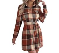 Vestito da donna in lana, alla moda, a quadretti, con bottoni, scollo a V, con cintura, a maniche lunghe, a quadretti, corto, per il tempo libero, Colore: arancione., L