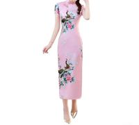 Vestito da donna in stile cinese con stampa retrò, design lungo cheongsam e maniche corte, adatto per eventi e cerimonie (XXL rosa)