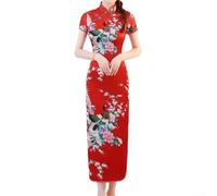 Vestito da donna in stile cinese con stampa retrò, design lungo cheongsam e maniche corte, adatto per eventi e cerimonie (S rosso)