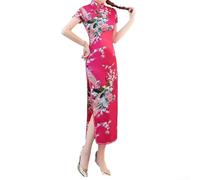 Vestito da donna in stile cinese con stampa retrò, design lungo cheongsam e maniche corte, adatto per eventi e cerimonie (XXL rosa rosso)