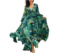 Vestito da Donna Maniche Lunghe Vestito Casual Estivo Scollo a v Donne Elegante Abito da Cerimonia Sera Lungo Schienale Fascia Vestito Estivo Casual Floreale Fiori Fantasia per Spiaggia e Cocktail