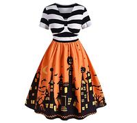 Vestito da donna per Halloween con stampa vintage, a righe, linea ad A, svasato, taglie comode Colore: arancione. L
