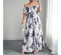 Vestito da donna taglie forti per l'estate 2025, di moda, con stampa floreale, spalle scoperte con volant, vita stretta, vestito lungo snellente, adatto per vacanza, appuntamenti, pendolarismo, uscite