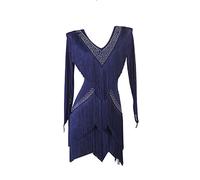 Vestito Da Esibizione Di Danza Latina Con Frange Abiti Da Sala Da Ballo Cha Cha Da Donna Con Scollo A V Costume Da Concorso Di Tango Con Giunzione in Rete Con Strass Gonne Per Samba,Marina Militare,M