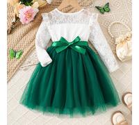 Vestito da festa casual da ragazza con maniche a sbuffo, scollo tondo, rifiniture in pizzo e jacquard in rete, adatto per vacanze, festival, regalo 6Y,7Y,4Y,5YColore unicoPoliestere