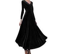 Vestito da festa donna lungo, abiti eleganti donna velluto con scollo a V retrò taglio costume vita aderente e manica lunga semplice comodo medievale cocktail party tinta unita gonna a pieghe