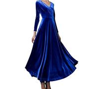Vestito da festa donna lungo, abiti eleganti donna velluto con scollo a V retrò taglio costume vita aderente e manica lunga semplice comodo medievale cocktail party tinta unita gonna a pieghe