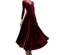 Vestito da festa donna lungo, abiti eleganti donna velluto con scollo a V retrò taglio costume vita aderente e manica lunga semplice comodo medievale cocktail party tinta unita gonna a pieghe