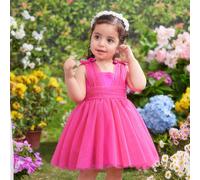 Vestito da festa per bambina in tulle con scollo a equipaggio, senza maniche, con fiocco, da principessa di una fiaba 6-9M,9-12M,12-18M,18-24M,2-3YColore unicoTessuto in tulle