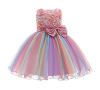 Vestito da festa per bambine e ragazze, senza maniche, con fiocco, in tulle, arcobaleno, per damigella d'onore, battesimo, matrimonio, compleanno, concorso, abito da ballo, età 1-9 anni, rosa, 6-7