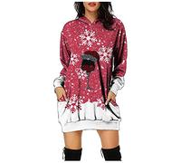 Vestito da Natale da donna chic brutto, felpa lunga con cappuccio, a maniche lunghe e tasche, pullover di Natale, con stampa autunnale, inverno, grande, costume Babbo Natale da donna, A02vin, S