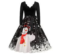 Vestito da Natale da donna, pupazzo di neve, abito da cocktail vintage con scollo a V a maniche lunghe, divertente Natale, swing, taglio aderente, chic e affascinante, Xmas Merry Christmas casual, per