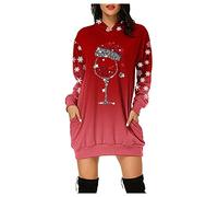 Vestito da Natale da donna, rosso brutto, felpa lunga con cappuccio, vintage, maniche lunghe e tasche, pullover con stampa di Natale, autunno e inverno, morbido, costume natalizio da donna, A02vin