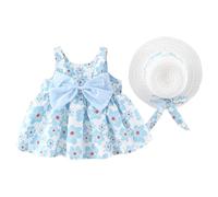Vestito da neonata senza maniche con schiena scoperta sul retro con fiocco floreale prendisole abiti estivi con cappello di paglia 0-5T, A05 Blu Cielo, 6-12 mesi