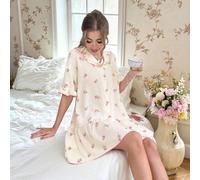 Vestito da notte corto a maniche corte con balze e stampa floreale per pigiama da donna, perfetto per l'estate, splendore floreale abbondante, dettagli accoglienti ed eleganti L,M,S,XLPianteTessuto in