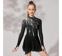 Vestito da pattinaggio artistico per ragazze pre-adolescenti, nero con stampa floreale scintillante, design aderente ad alta elasticità, gonna in rete dal movimento fluido 8Y,9Y,10Y,11Y,12YGraficoTess