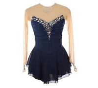 Vestito da pattinaggio sul ghiaccio per ragazze e donne, schiena scoperta, maniche lunghe, scollo rotondo, abito con perline e fori per le dita, blu, S, Blu, XX-Large